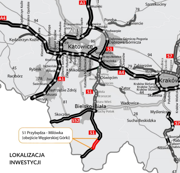 Lokalizacja inwestycji S1 odcinek Przybędza-Milówka (obejście Węgierskiej Górki)